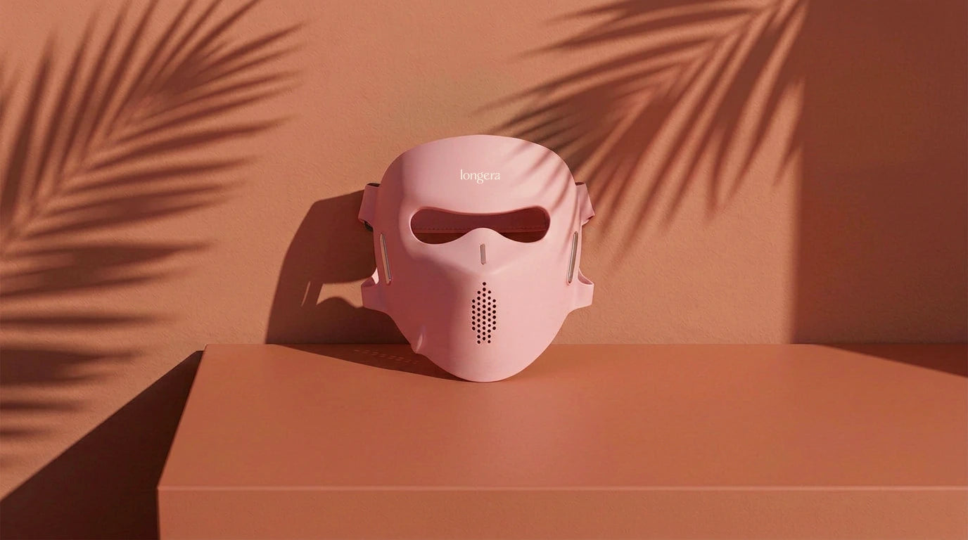 Longera AVA LED face mask on a neutral background with soft palm leaf shadows