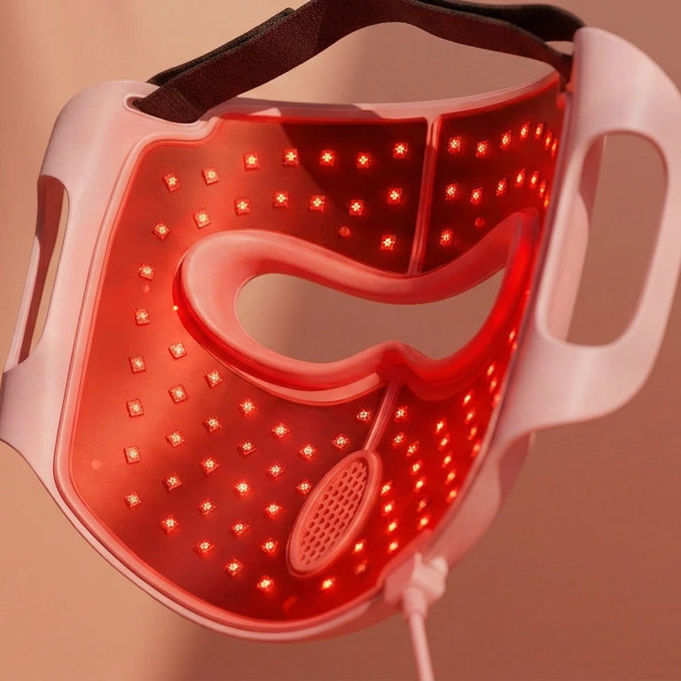 Back view of the Longera AVA LED face and neck mask with red light illuminated