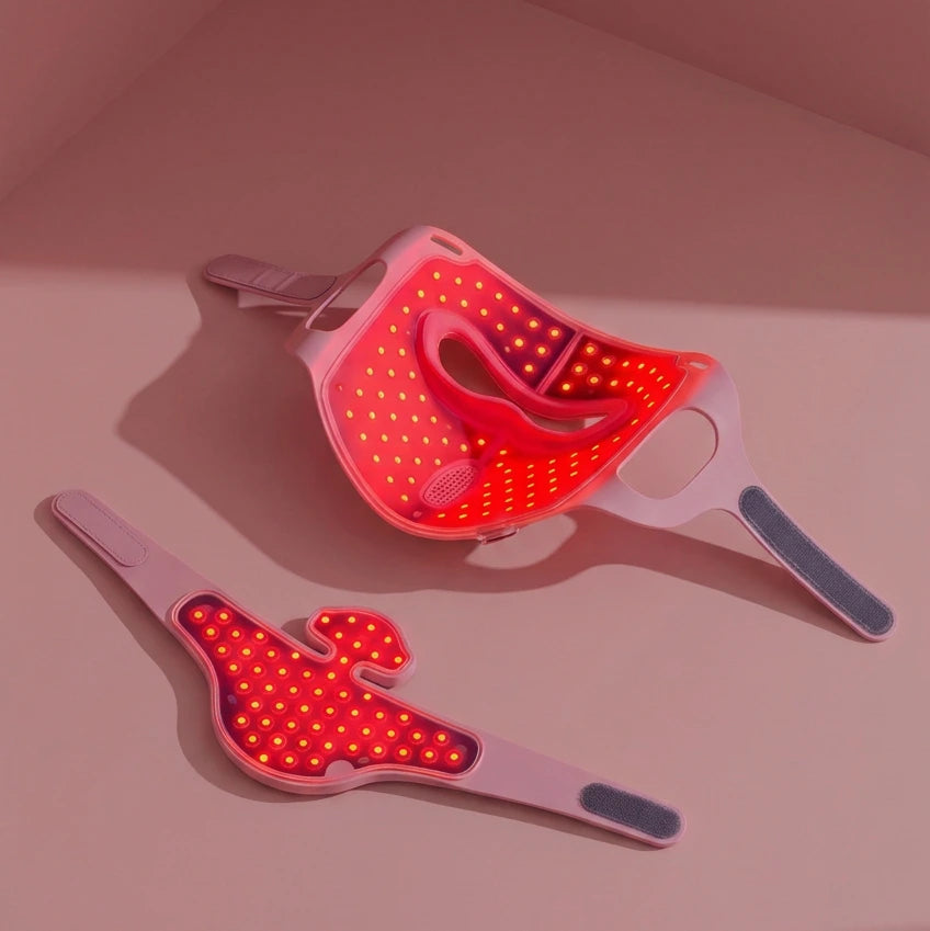Top view of the Longera AVA LED face and neck mask with illuminated LED array